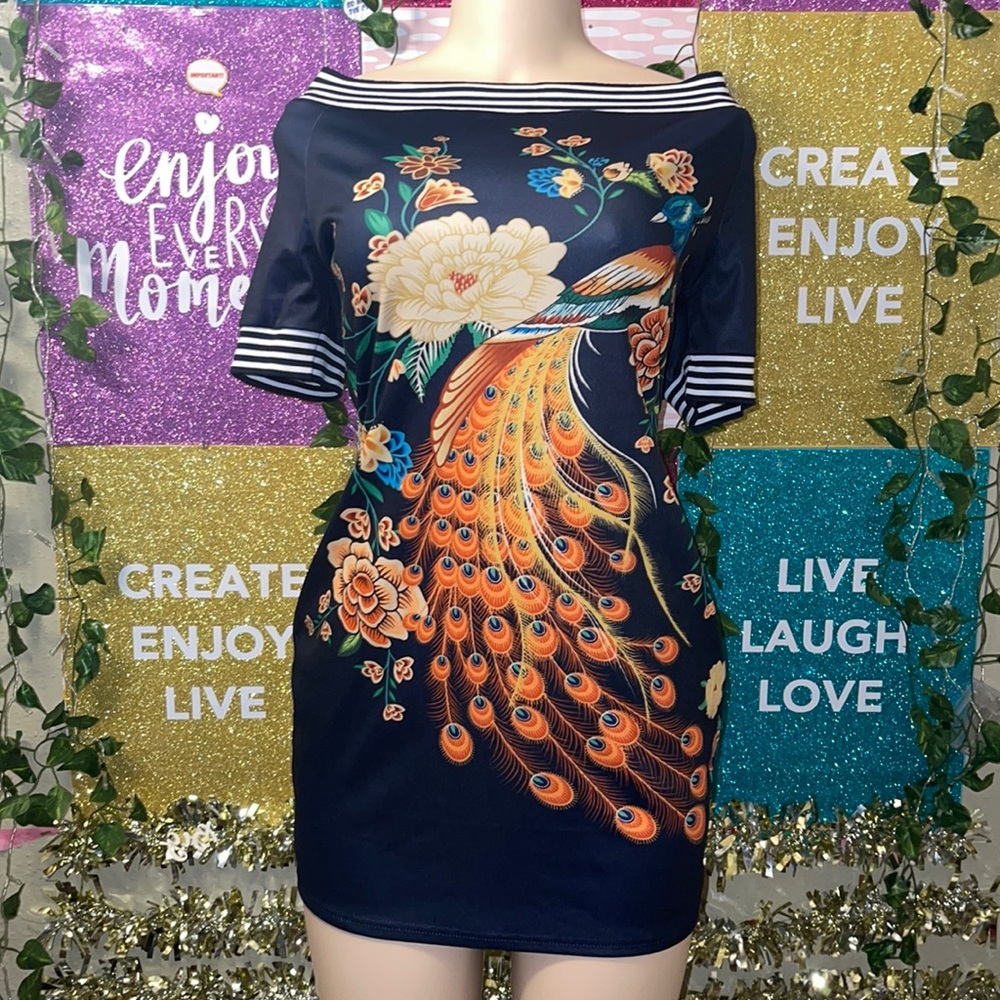 NEW CBR NAVY BLUE Peacock 🦚 print in the front Size XL Mini Dress